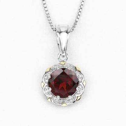 2.25 Ct Round Red Garnet and Diamond Prong Silver Floral Pendant Necklace