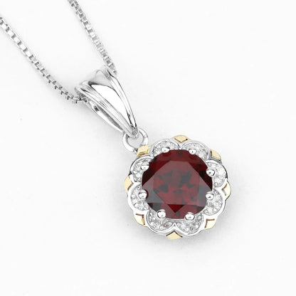 2.25 Ct Round Red Garnet and Diamond Prong Silver Floral Pendant Necklace