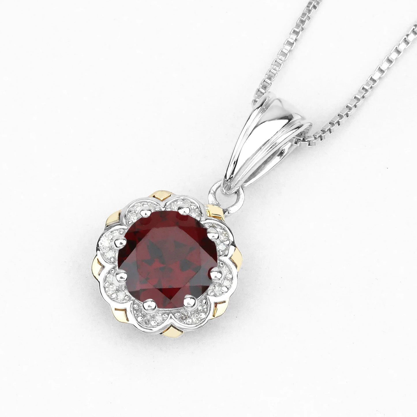 2.25 Ct Round Red Garnet and Diamond Prong Silver Floral Pendant Necklace