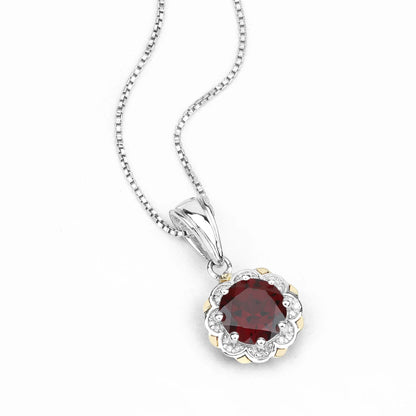 2.25 Ct Round Red Garnet and Diamond Prong Silver Floral Pendant Necklace