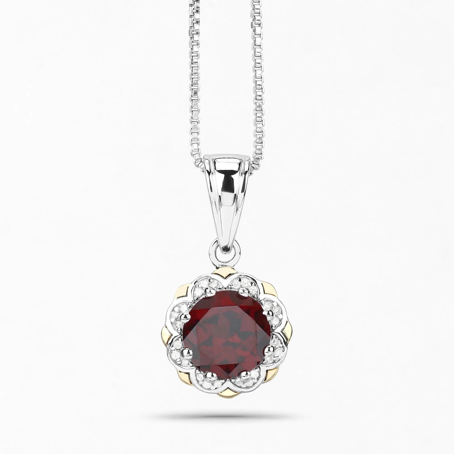 2.25 Ct Round Red Garnet and Diamond Prong Silver Floral Pendant Necklace