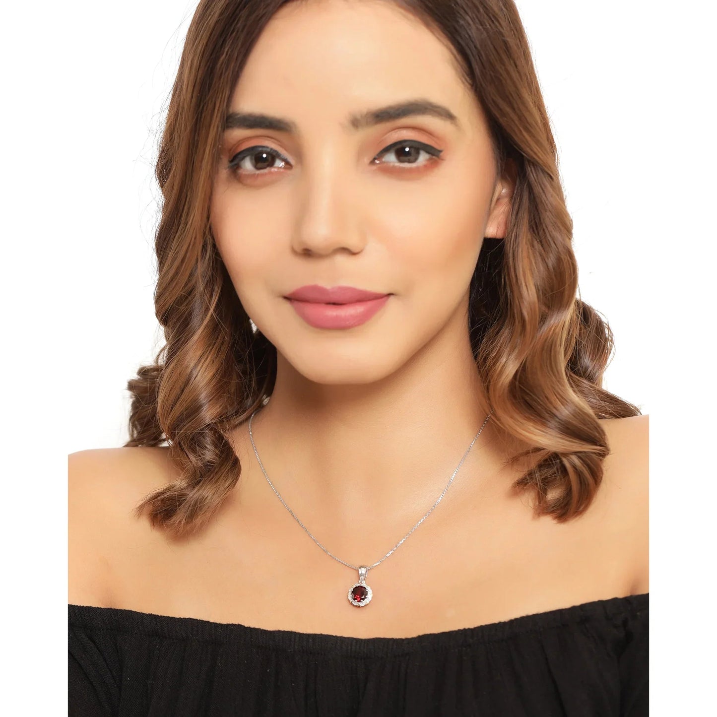 2.25 Ct Round Red Garnet and Diamond Prong Silver Floral Pendant Necklace
