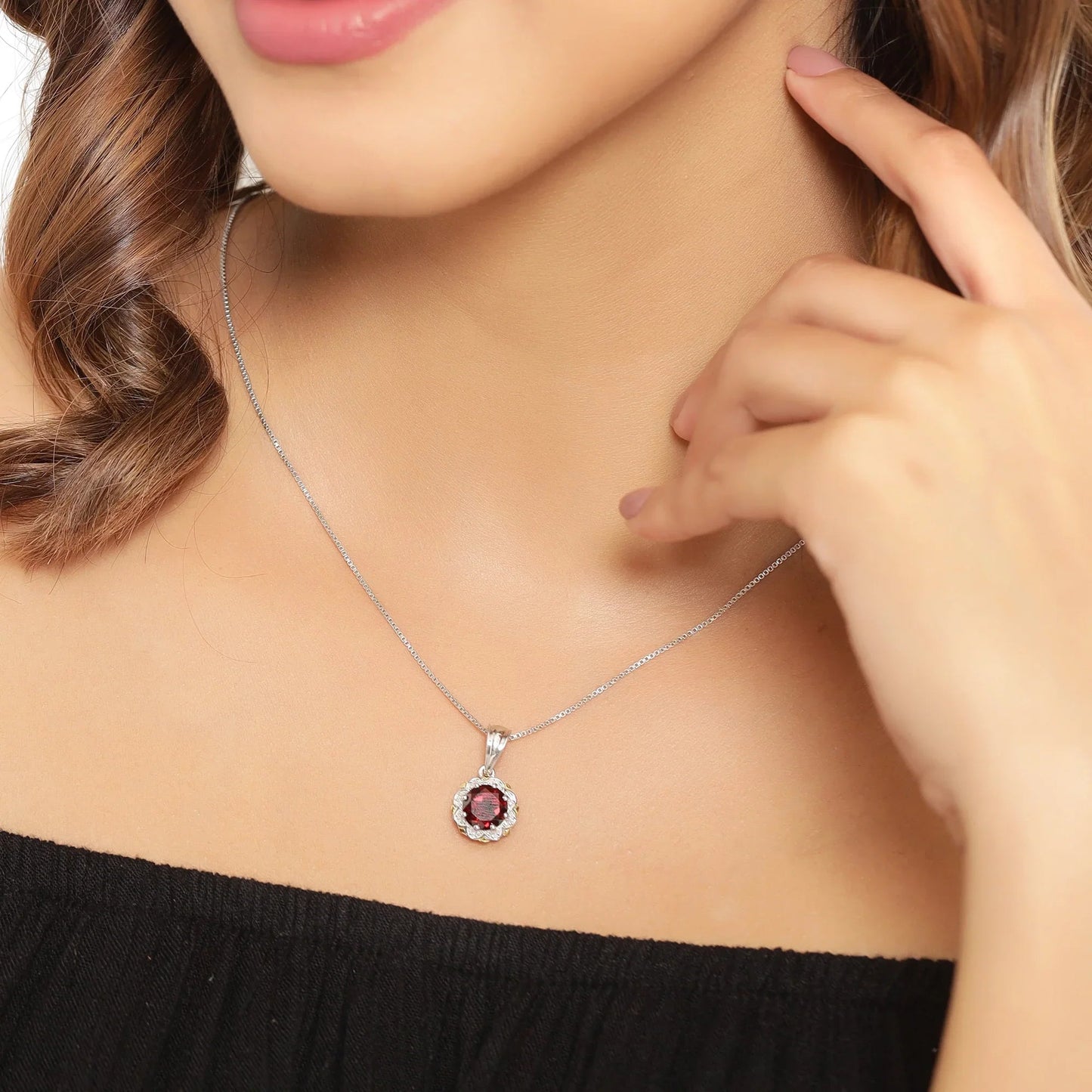 2.25 Ct Round Red Garnet and Diamond Prong Silver Floral Pendant Necklace