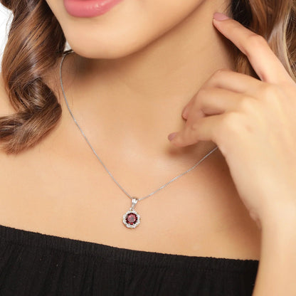 2.25 Ct Round Red Garnet and Diamond Prong Silver Floral Pendant Necklace