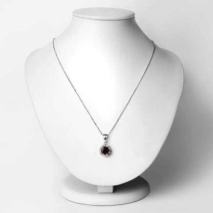 2.25 Ct Round Red Garnet and Diamond Prong Silver Floral Pendant Necklace