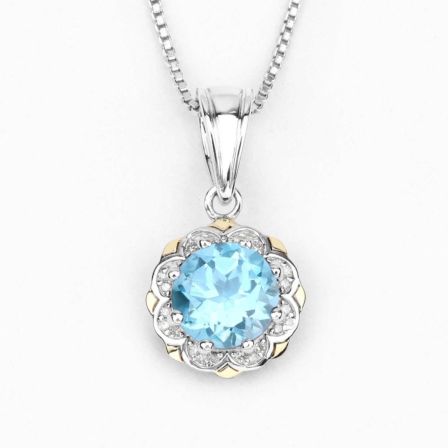 2.25 Ct Round Swiss Blue Topaz and Diamond Prong Silver Floral Pendant Necklace