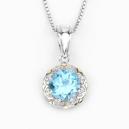 2.25 Ct Round Swiss Blue Topaz and Diamond Prong Silver Floral Pendant Necklace