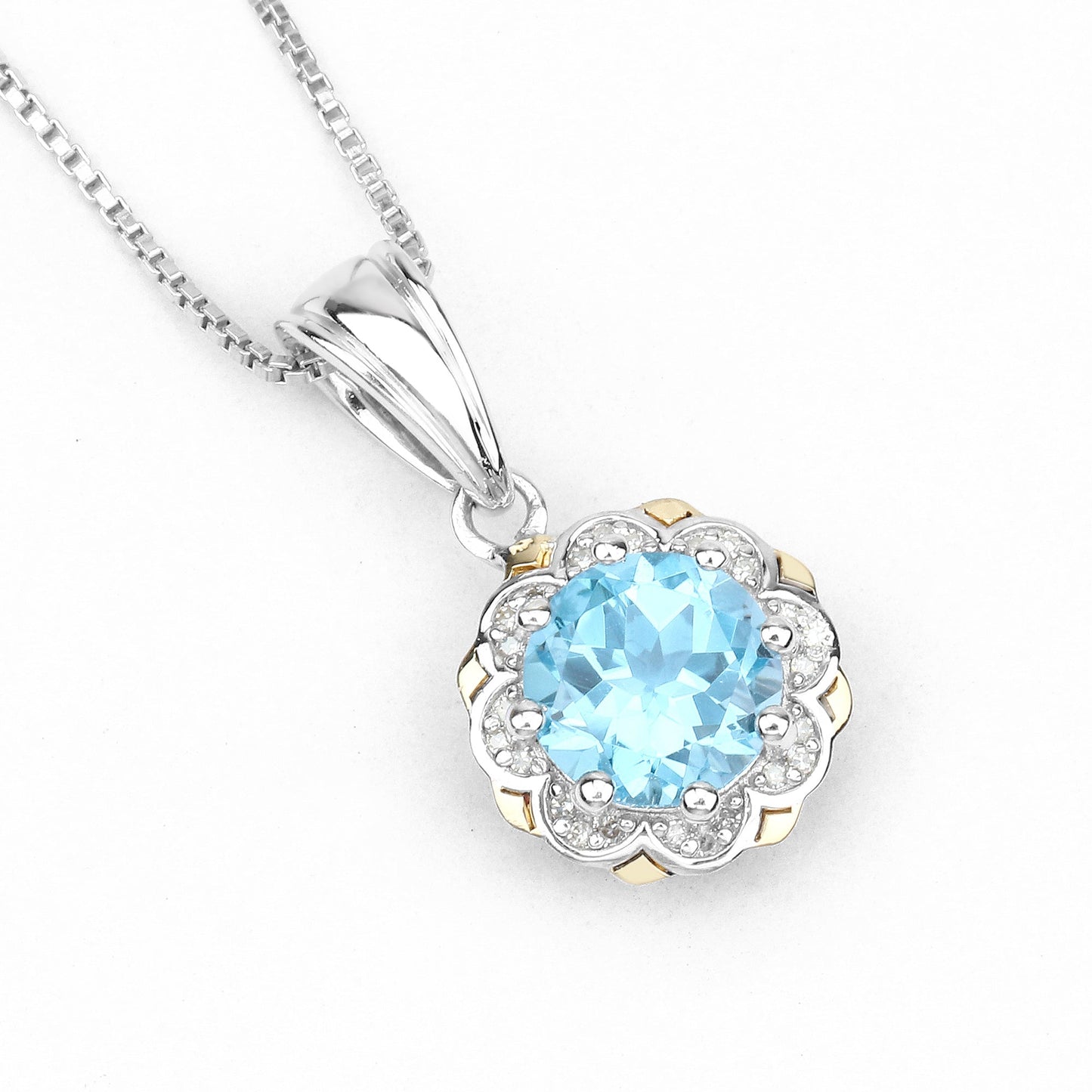2.25 Ct Round Swiss Blue Topaz and Diamond Prong Silver Floral Pendant Necklace