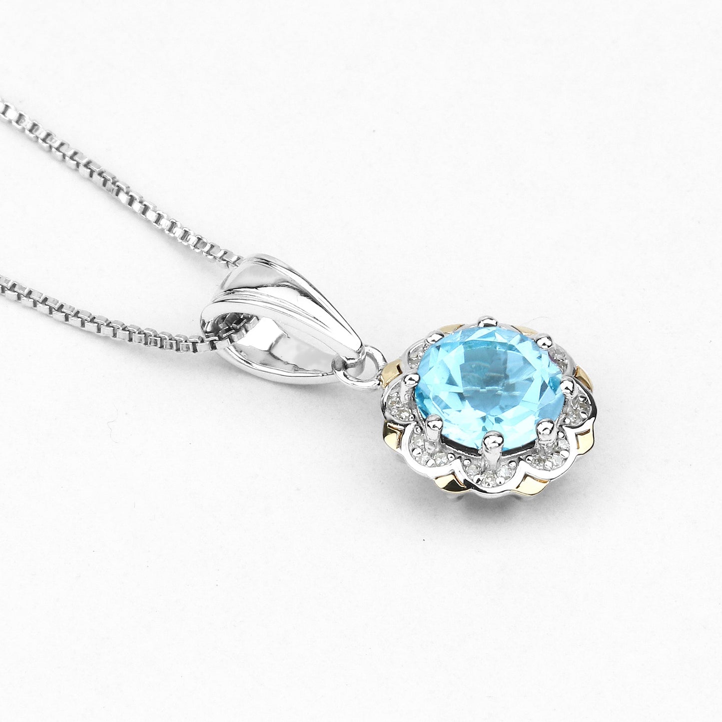 2.25 Ct Round Swiss Blue Topaz and Diamond Prong Silver Floral Pendant Necklace