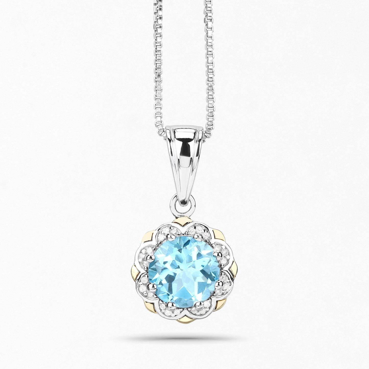 2.25 Ct Round Swiss Blue Topaz and Diamond Prong Silver Floral Pendant Necklace
