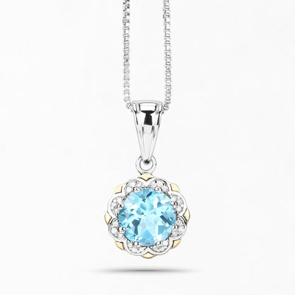 2.25 Ct Round Swiss Blue Topaz and Diamond Prong Silver Floral Pendant Necklace
