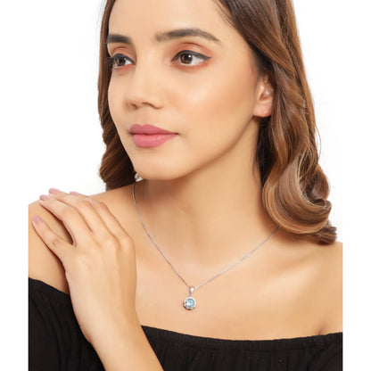 2.25 Ct Round Swiss Blue Topaz and Diamond Prong Silver Floral Pendant Necklace