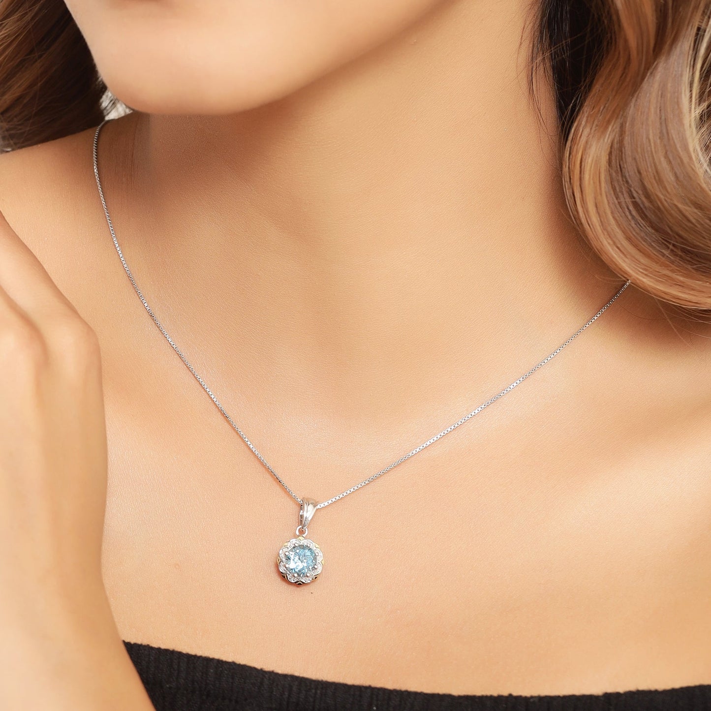2.25 Ct Round Swiss Blue Topaz and Diamond Prong Silver Floral Pendant Necklace
