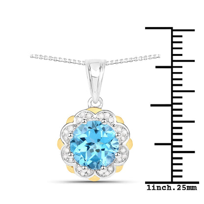 2.25 Ct Round Swiss Blue Topaz and Diamond Prong Silver Floral Pendant Necklace