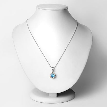 2.25 Ct Round Swiss Blue Topaz and Diamond Prong Silver Floral Pendant Necklace