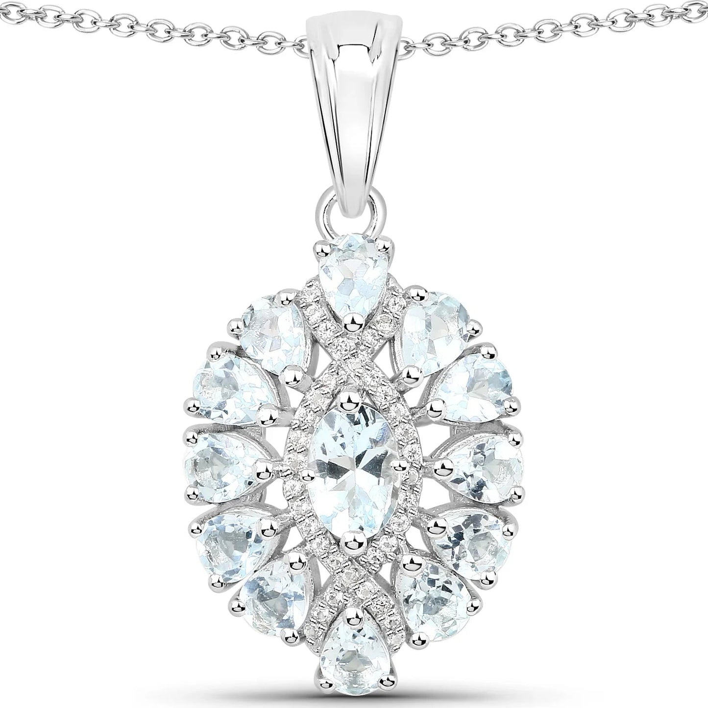 1.8 Ct Blue Aquamarine Prong Silver Cluster Pendant Necklace