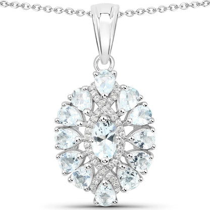 1.8 Ct Blue Aquamarine Prong Silver Cluster Pendant Necklace