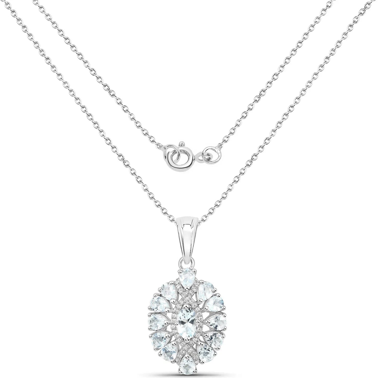 1.8 Ct Blue Aquamarine Prong Silver Cluster Pendant Necklace