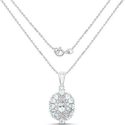 1.8 Ct Blue Aquamarine Prong Silver Cluster Pendant Necklace