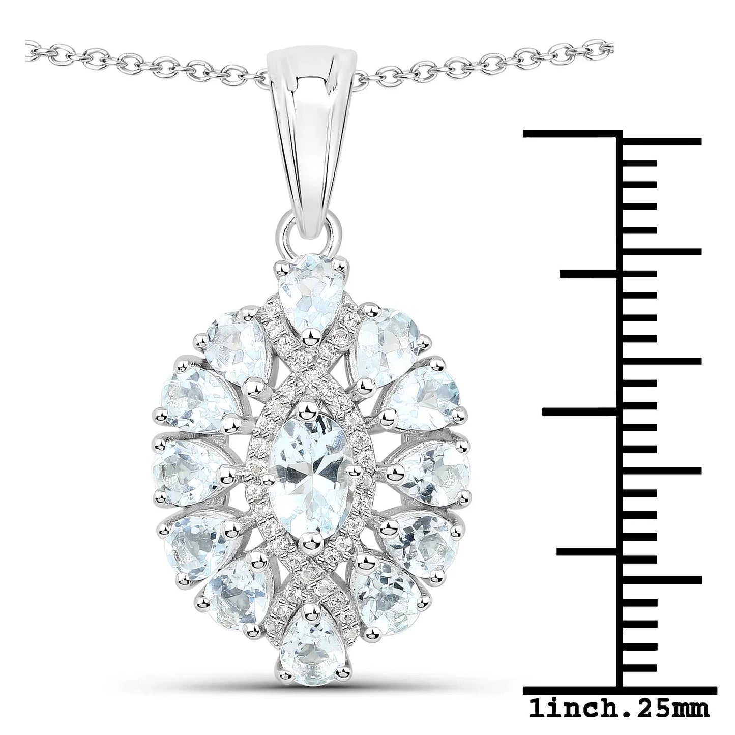 1.8 Ct Blue Aquamarine Prong Silver Cluster Pendant Necklace