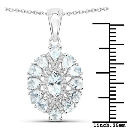 1.8 Ct Blue Aquamarine Prong Silver Cluster Pendant Necklace