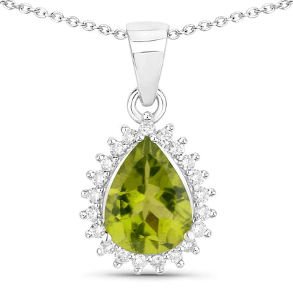 1.46 Ct Pear Green Peridot Lab Diamond Prong Silver Halo Teardrop Pendant Necklace