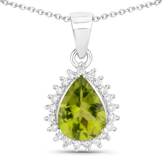 1.46 Ct Pear Green Peridot Lab Diamond Prong Silver Halo Teardrop Pendant Necklace