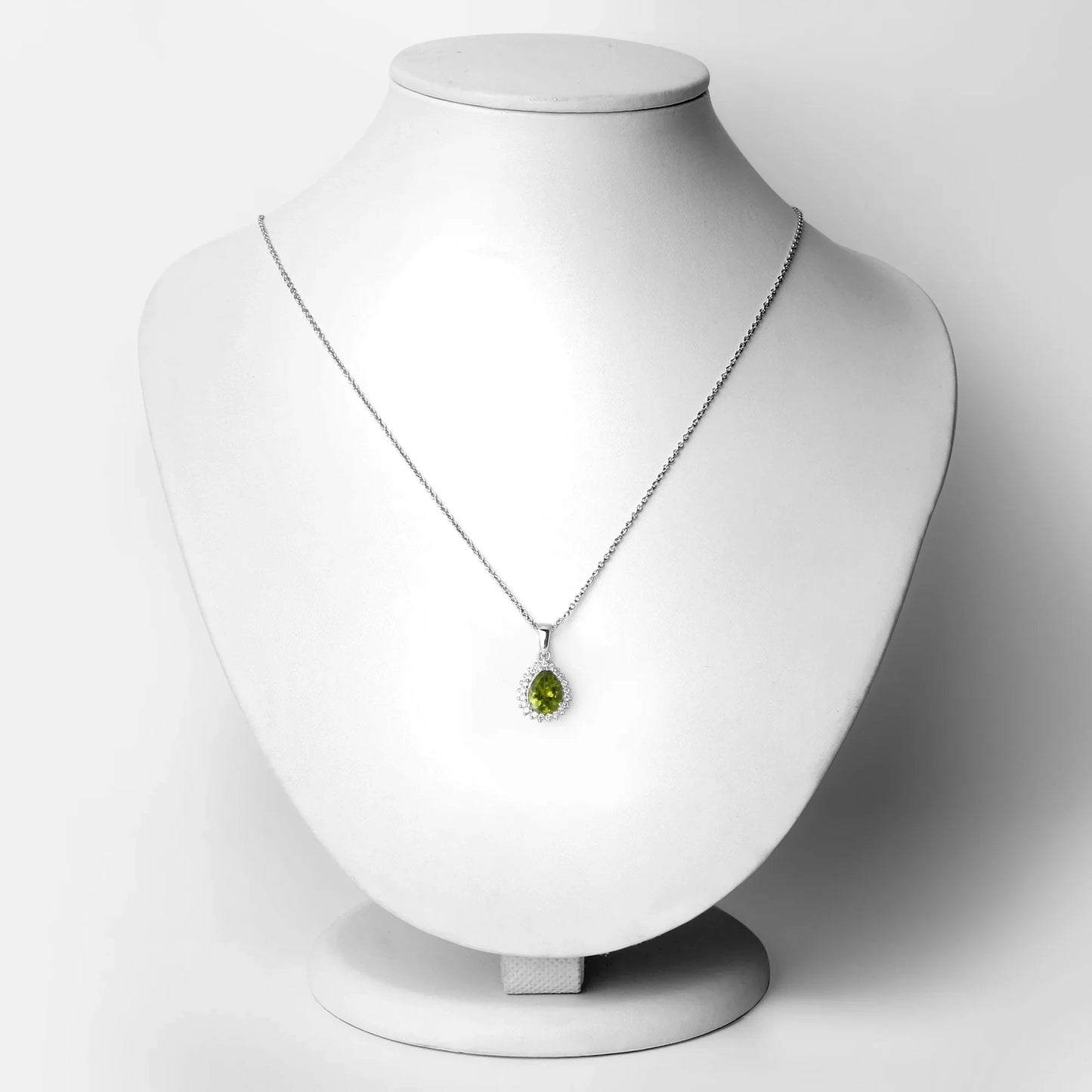 1.46 Ct Pear Green Peridot Lab Diamond Prong Silver Halo Teardrop Pendant Necklace
