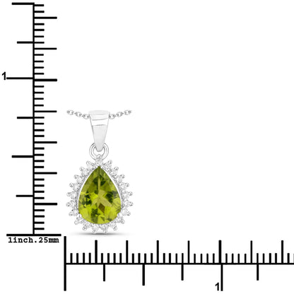 1.46 Ct Pear Green Peridot Lab Diamond Prong Silver Halo Teardrop Pendant Necklace