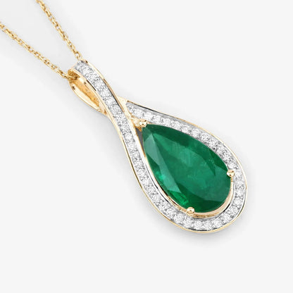 Natural Zambian Emerald and White Diamond 14K Gold Crossover Pendant