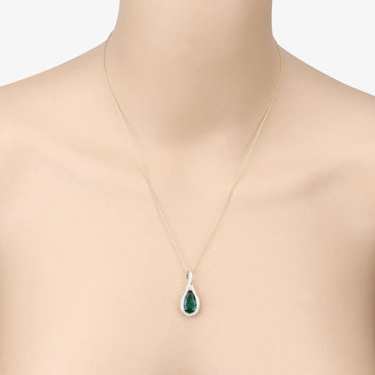 Natural Zambian Emerald and White Diamond 14K Gold Crossover Pendant