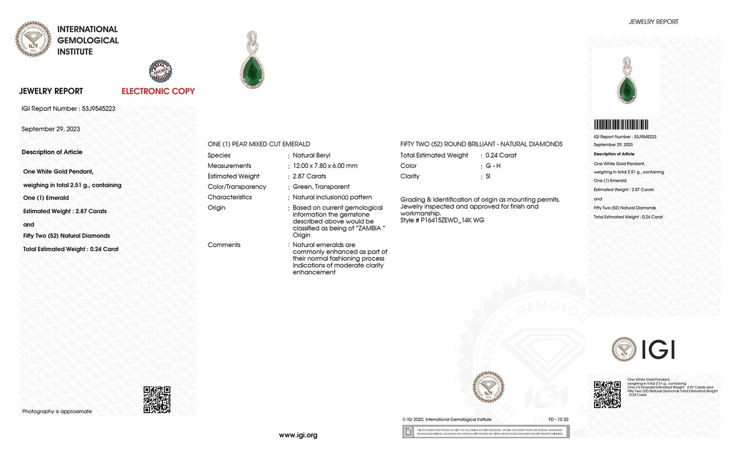 Genuine Zambian Emerald Diamond 14K Gold Statement Pendant
