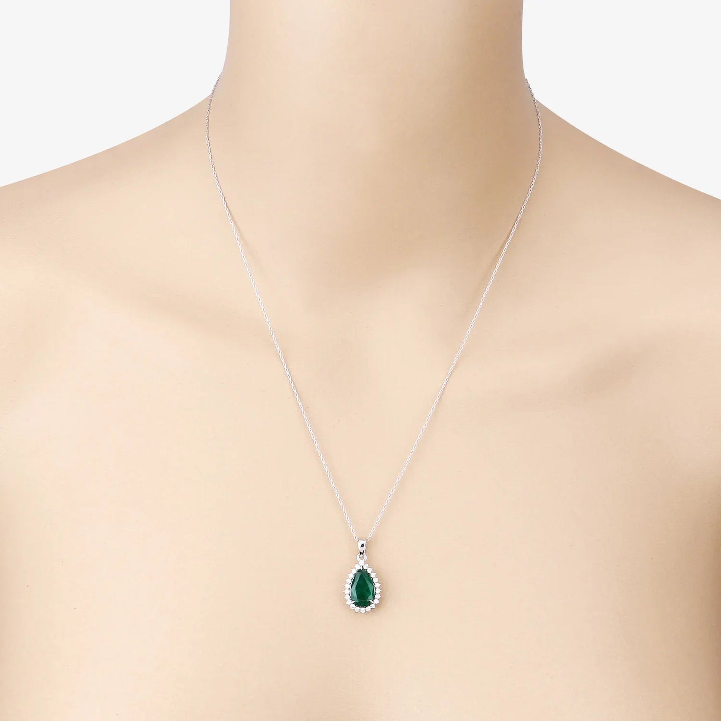 Genuine Zambian Emerald and White Diamond 14K White Gold Pendant