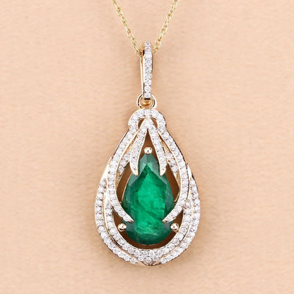 Genuine Zambian Emerald and White Diamond 14K Gold Drop Pendant