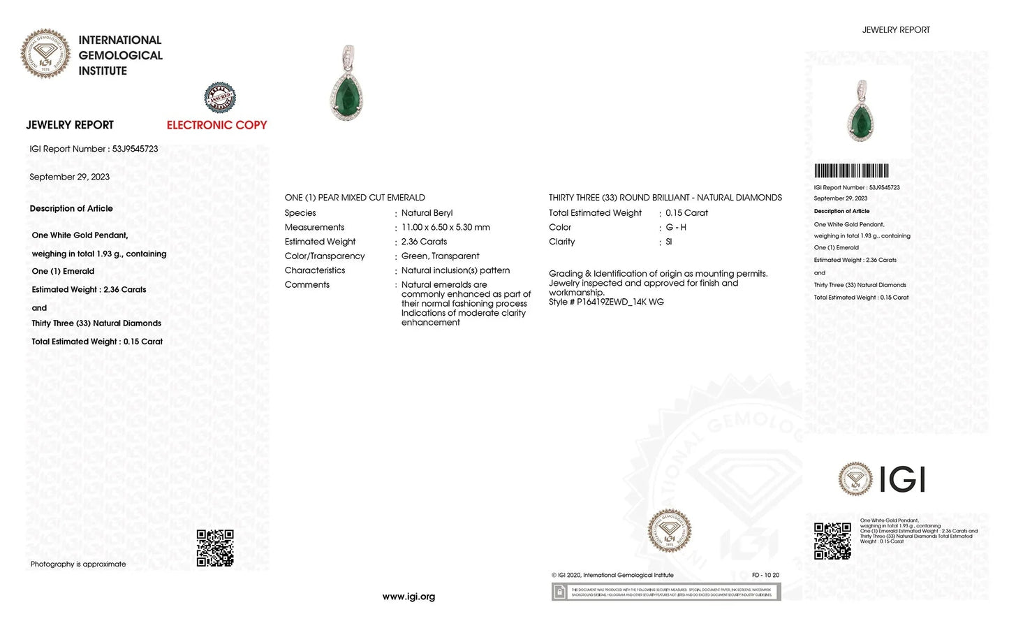 Genuine Zambian Emerald and White Diamond 14K White Gold Pendant