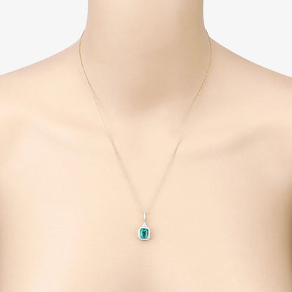 Genuine Zambian Emerald and White Diamond 14K Gold Halo Pendant
