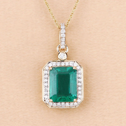 Natural Zambian Emerald White Diamond 14K Gold Halo Pendant