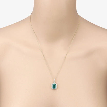 Natural Zambian Emerald White Diamond 14K Gold Halo Pendant