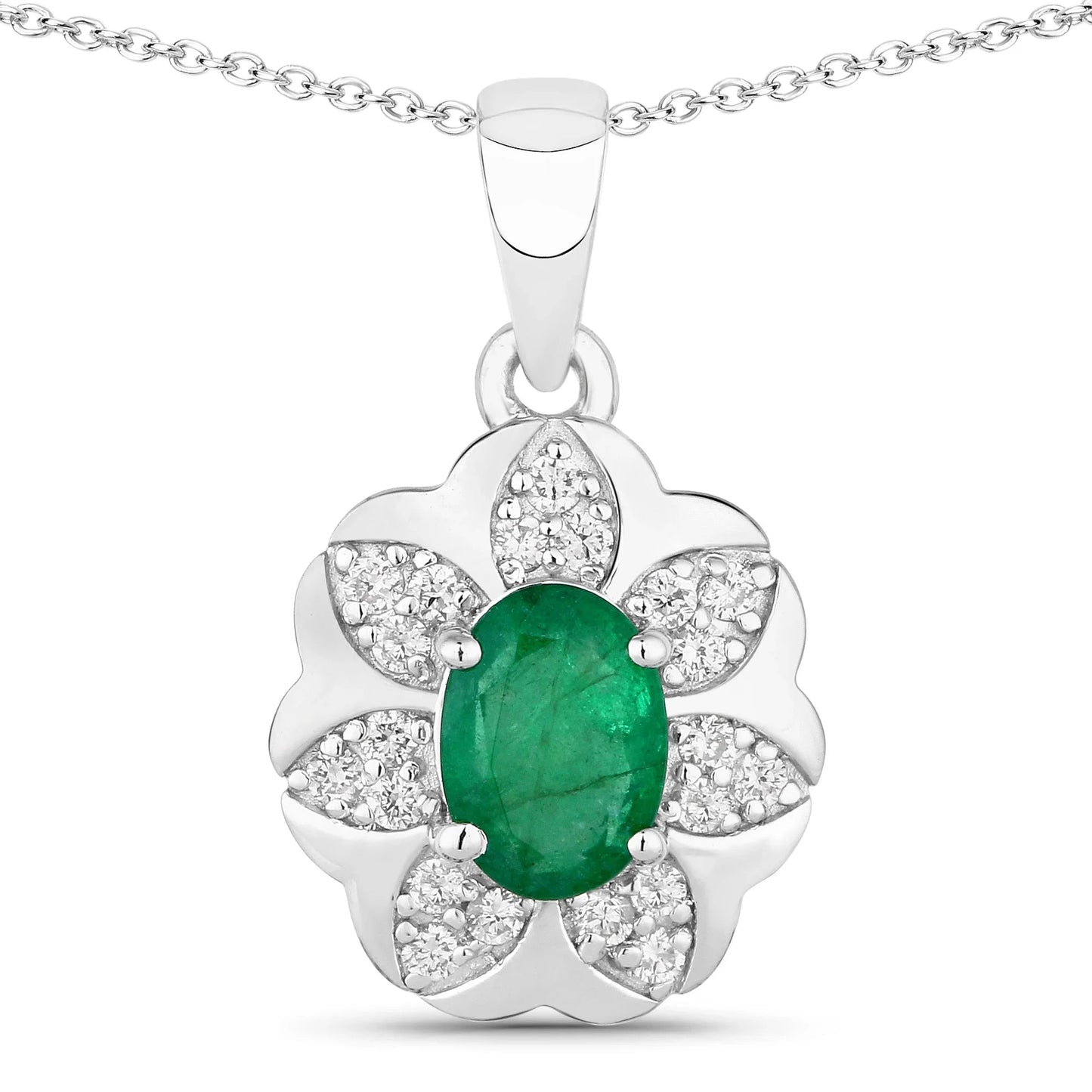 0.72 Ct Oval Green Zambian Emerald & Diamond Prong Silver Floral Pendant Necklace