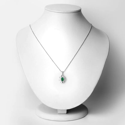 0.72 Ct Oval Green Zambian Emerald & Diamond Prong Silver Floral Pendant Necklace