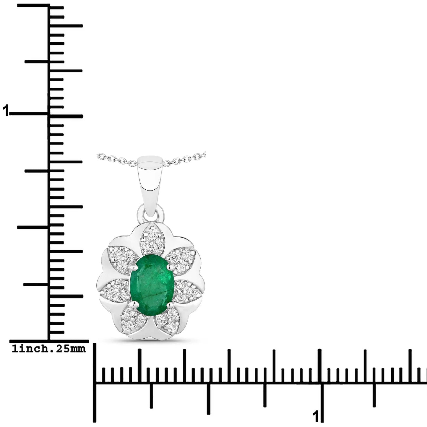 0.72 Ct Oval Green Zambian Emerald & Diamond Prong Silver Floral Pendant Necklace