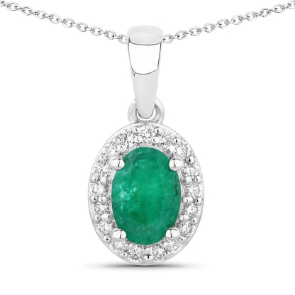 0.72 Ct Oval Green Zambian Emerald & Lab Diamond Prong Silver Halo Pendant Necklace
