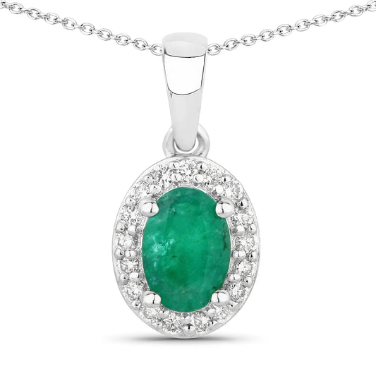 0.72 Ct Oval Green Zambian Emerald & Lab Diamond Prong Silver Halo Pendant Necklace