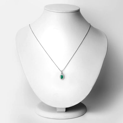0.72 Ct Oval Green Zambian Emerald & Lab Diamond Prong Silver Halo Pendant Necklace