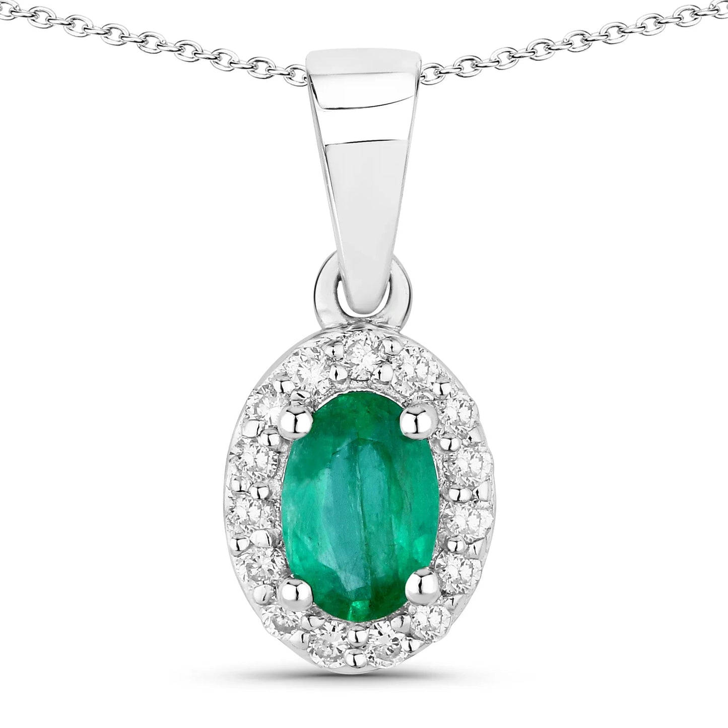 0.44 Ct Oval Green Zambian Emerald & Lab Diamond Prong Silver Halo Pendant Necklace