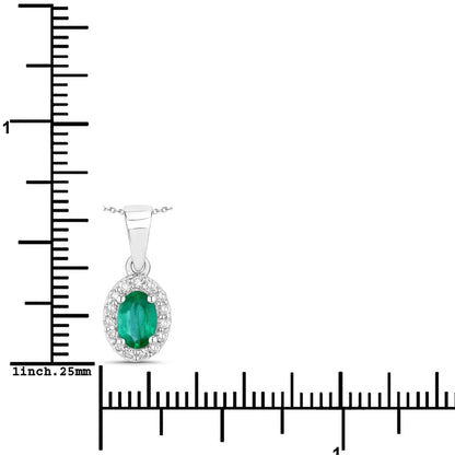 0.44 Ct Oval Green Zambian Emerald & Lab Diamond Prong Silver Halo Pendant Necklace