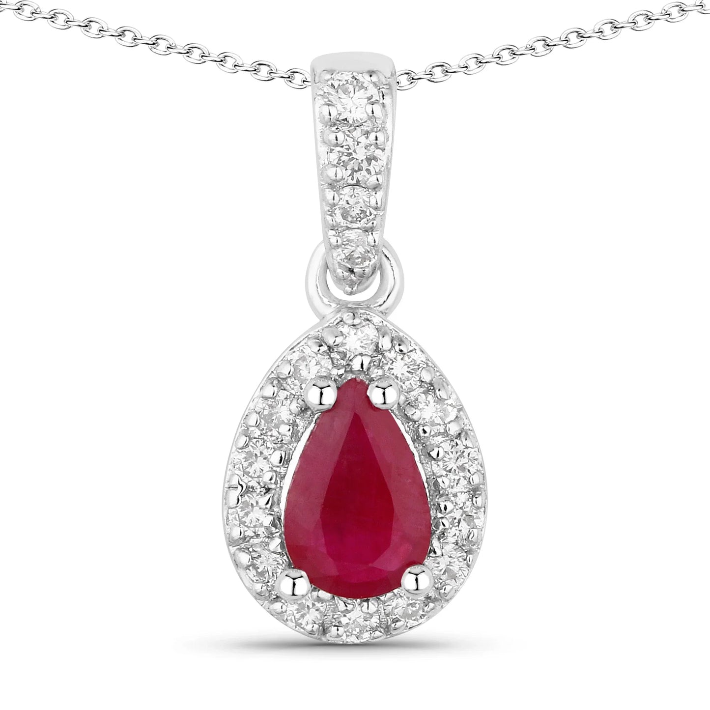 0.40 Ct Pear Pink Ruby Lab Diamond Prong Silver Halo Teardrop Pendant Necklace