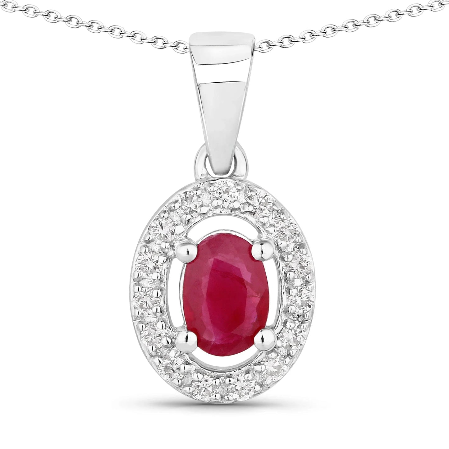 0.52 Ct Oval Pink Ruby and Lab Diamond Prong Silver Halo Pendant Necklace
