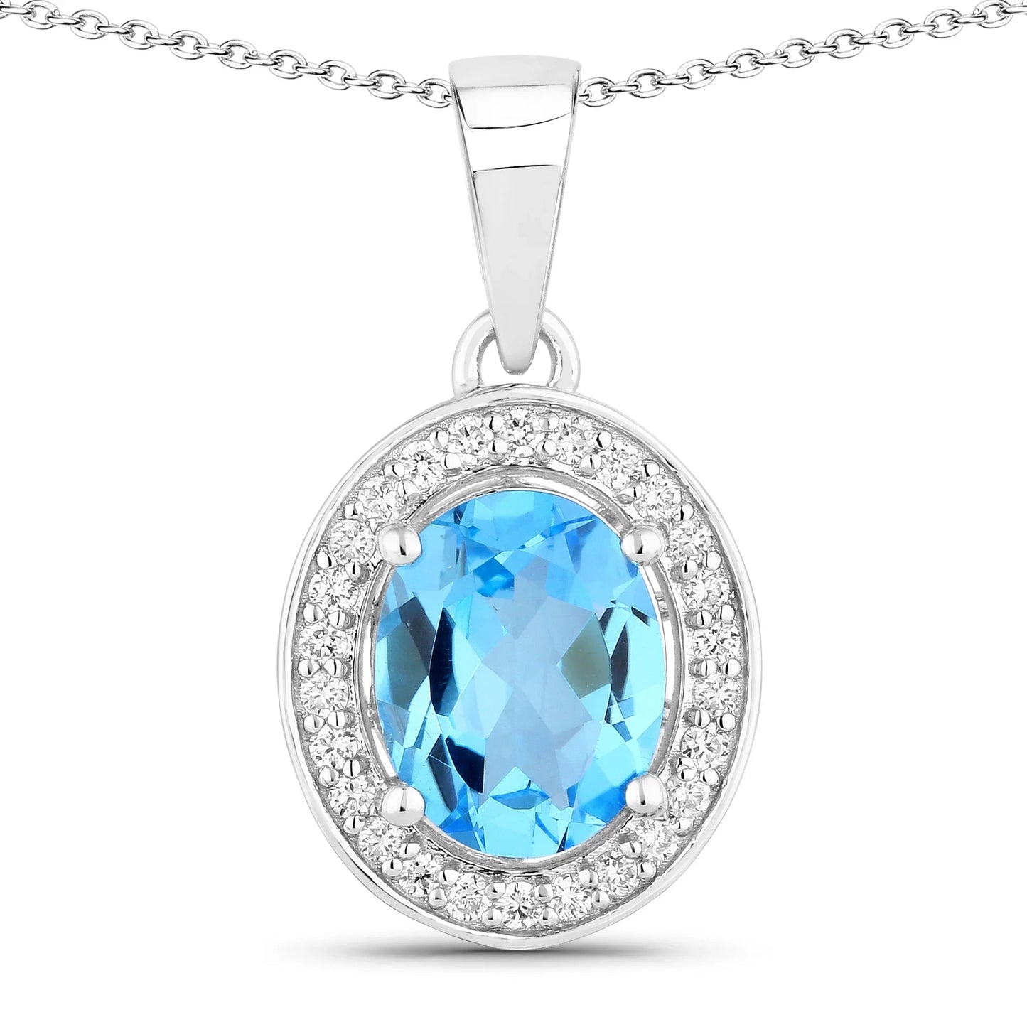 2.55 Ct Oval Swiss Blue Topaz Lab Diamond Prong Silver Halo Pendant Necklace