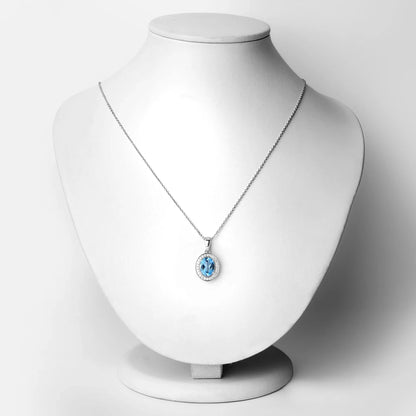 2.55 Ct Oval Swiss Blue Topaz Lab Diamond Prong Silver Halo Pendant Necklace